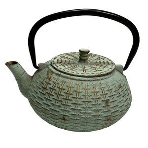 VTG JAPANESE TETSUBIN CAST IRON TEAPOT GREEN BASKET WEAVE DSIGN 7.5" X 4.5"